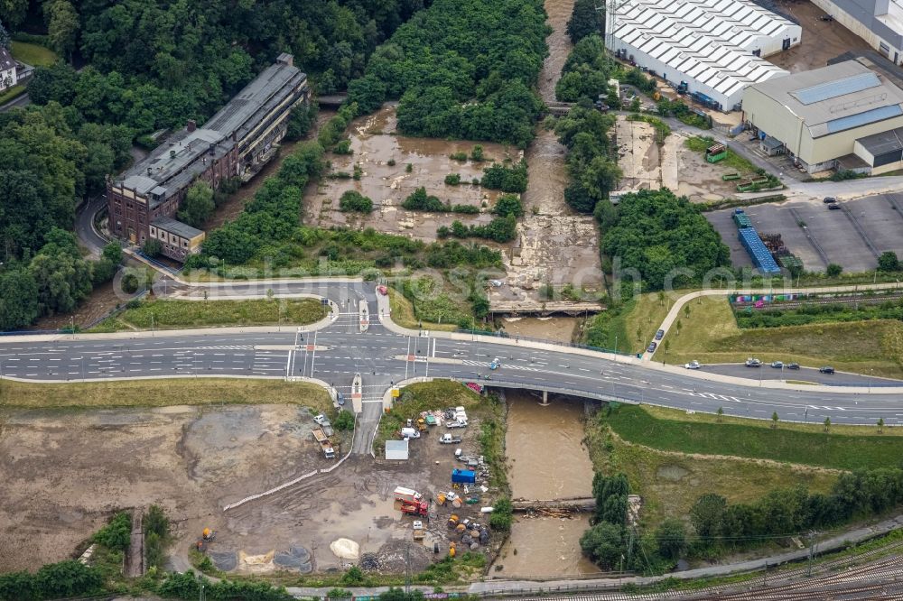 Hagen from the bird's eye view: Flood situation and flooding, all-rousing and infrastructure-destroying masses of brown water on the course of the Ruhr and Volme in Hagen at Ruhrgebiet in the state North Rhine-Westphalia, Germany