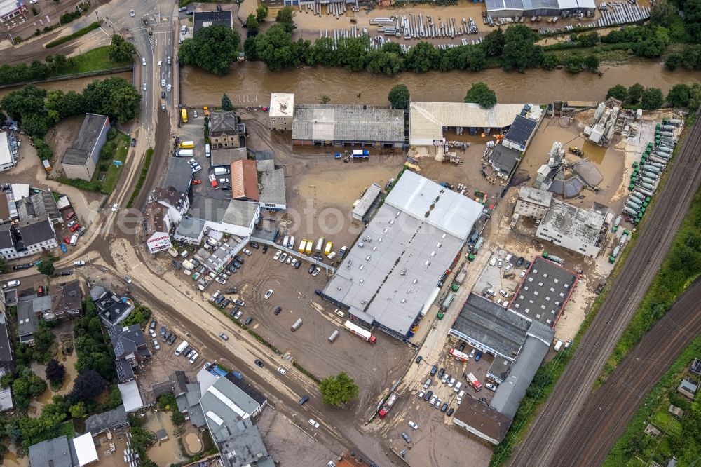 Aerial image Hagen - Flood situation and flooding, all-rousing and infrastructure-destroying masses of brown water on the course of the Ruhr and Volme in Hagen at Ruhrgebiet in the state North Rhine-Westphalia, Germany