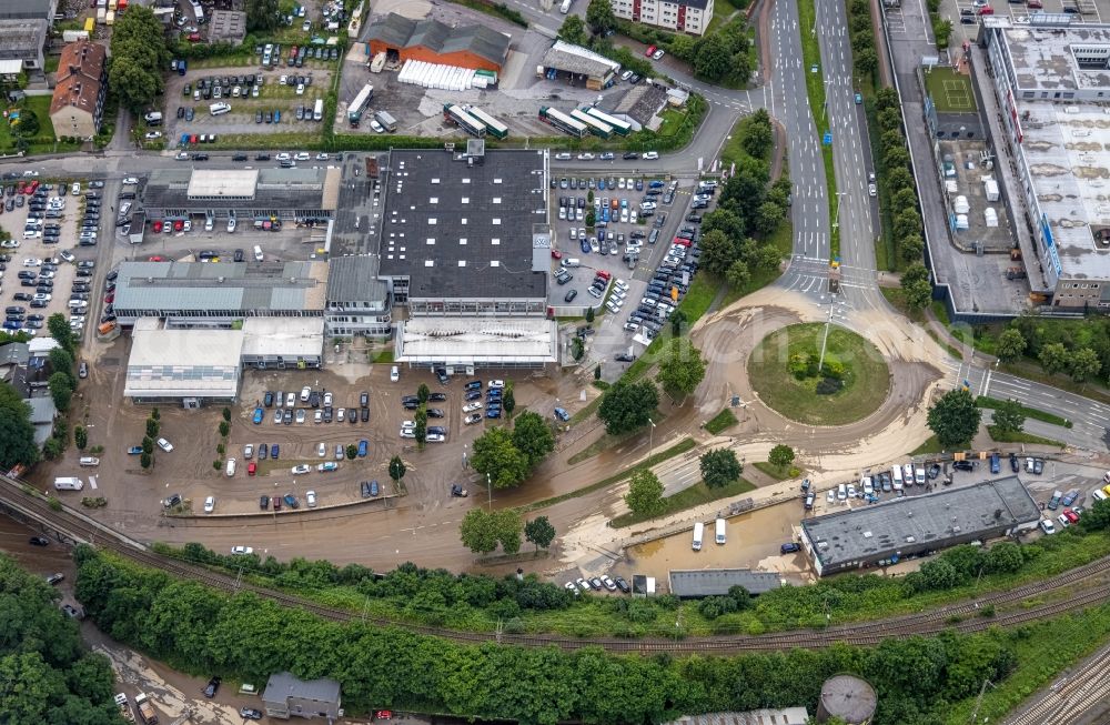 Hagen from above - Flood situation and flooding, all-rousing and infrastructure-destroying masses of brown water on the course of the Ruhr and Volme in Hagen at Ruhrgebiet in the state North Rhine-Westphalia, Germany