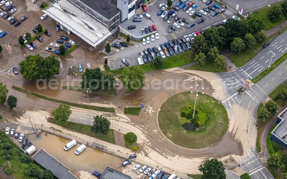 Aerial image Hagen - Flood situation and flooding, all-rousing and infrastructure-destroying masses of brown water on the course of the Ruhr and Volme in Hagen at Ruhrgebiet in the state North Rhine-Westphalia, Germany