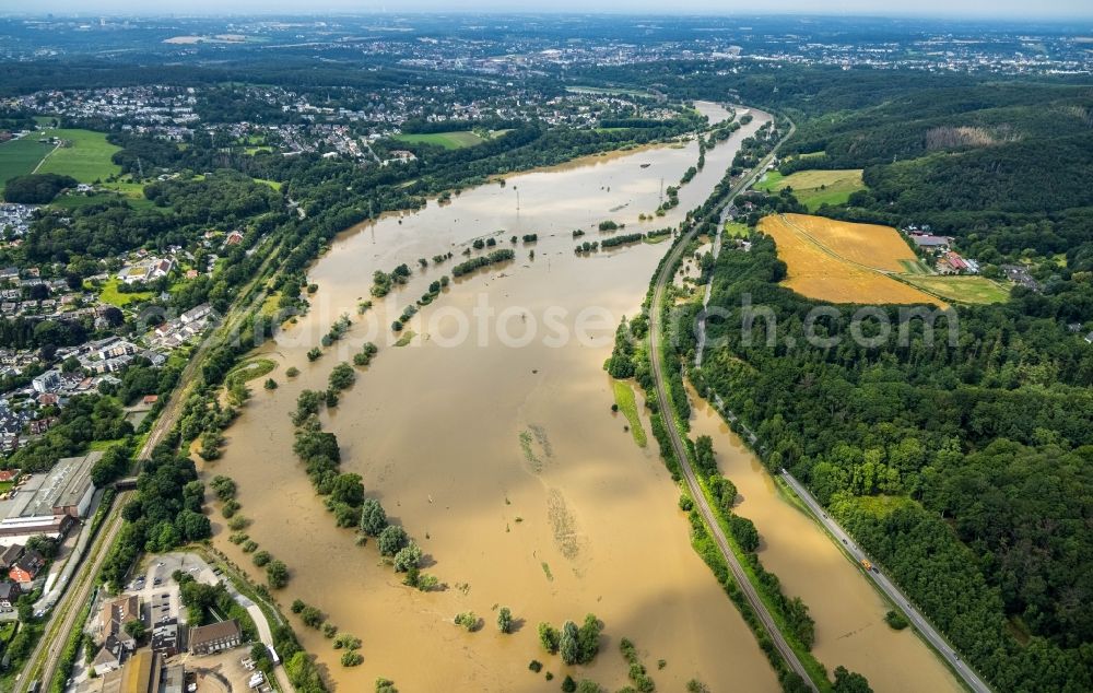 Aerial image Witten - Flood situation and flooding, all-rousing and infrastructure-destroying masses of brown water on the course of the Ruhr in Witten at Ruhrgebiet in the state North Rhine-Westphalia, Germany