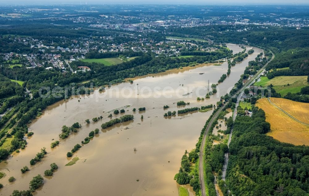 Aerial photograph Witten - Flood situation and flooding, all-rousing and infrastructure-destroying masses of brown water on the course of the Ruhr in Witten at Ruhrgebiet in the state North Rhine-Westphalia, Germany