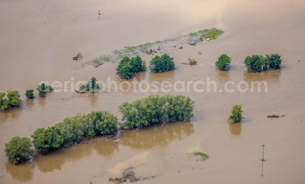 Witten from above - Flood situation and flooding, all-rousing and infrastructure-destroying masses of brown water on the course of the Ruhr in Witten at Ruhrgebiet in the state North Rhine-Westphalia, Germany