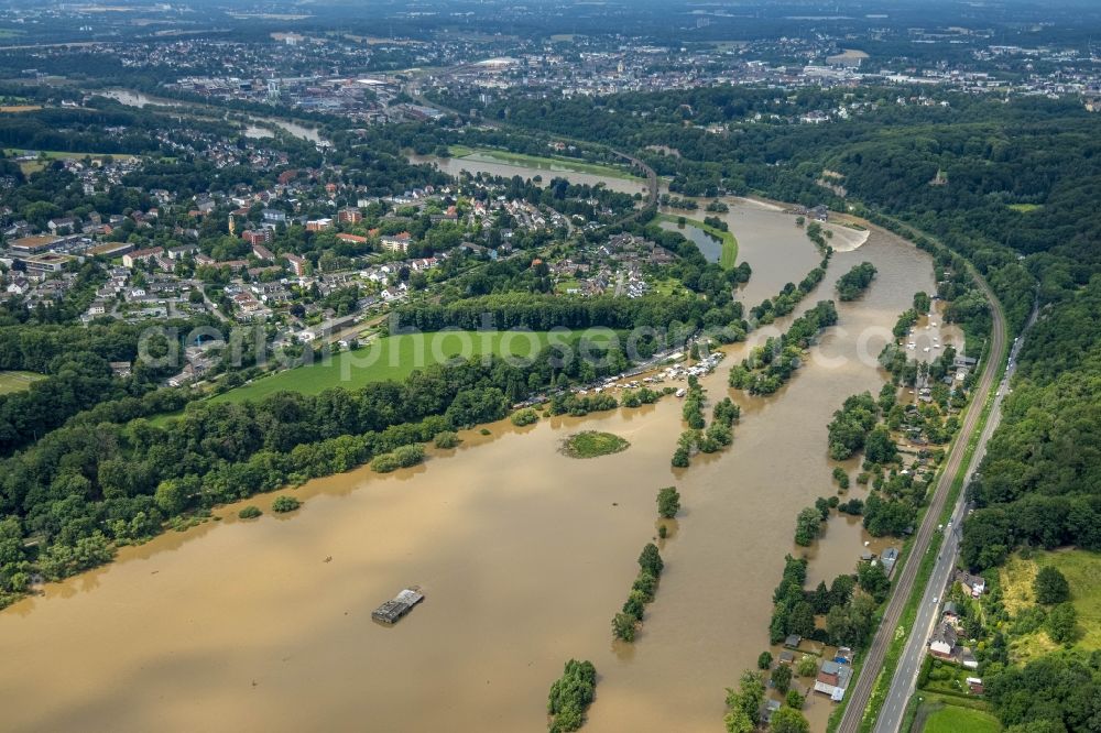 Aerial photograph Witten - Flood situation and flooding, all-rousing and infrastructure-destroying masses of brown water on the course of the Ruhr in Witten at Ruhrgebiet in the state North Rhine-Westphalia, Germany