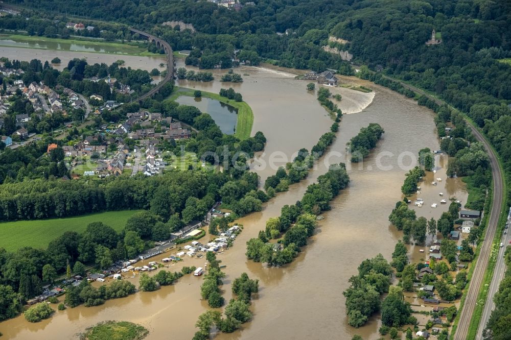 Witten from above - Flood situation and flooding, all-rousing and infrastructure-destroying masses of brown water on the course of the Ruhr in Witten at Ruhrgebiet in the state North Rhine-Westphalia, Germany