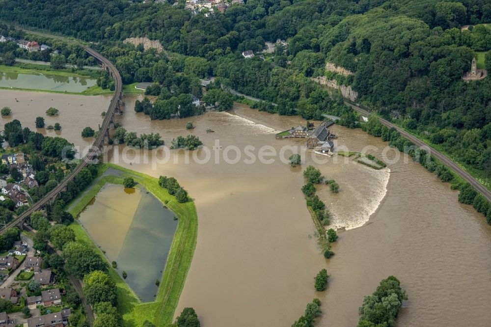 Witten from above - Flood situation and flooding, all-rousing and infrastructure-destroying masses of brown water on the course of the Ruhr in Witten at Ruhrgebiet in the state North Rhine-Westphalia, Germany