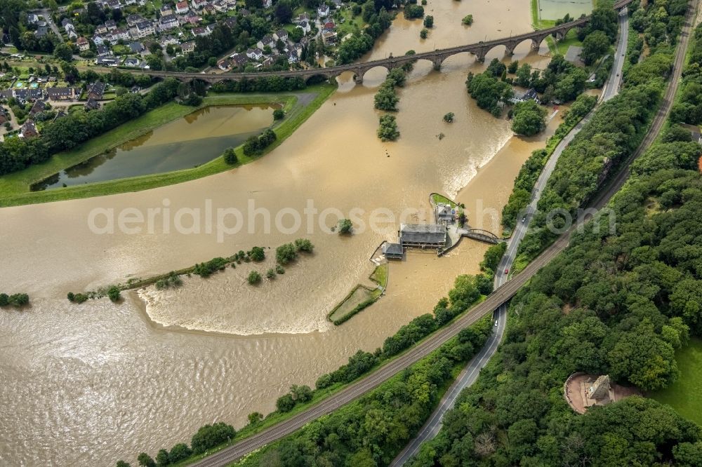 Aerial image Witten - Flood situation and flooding, all-rousing and infrastructure-destroying masses of brown water on the course of the Ruhr in Witten at Ruhrgebiet in the state North Rhine-Westphalia, Germany