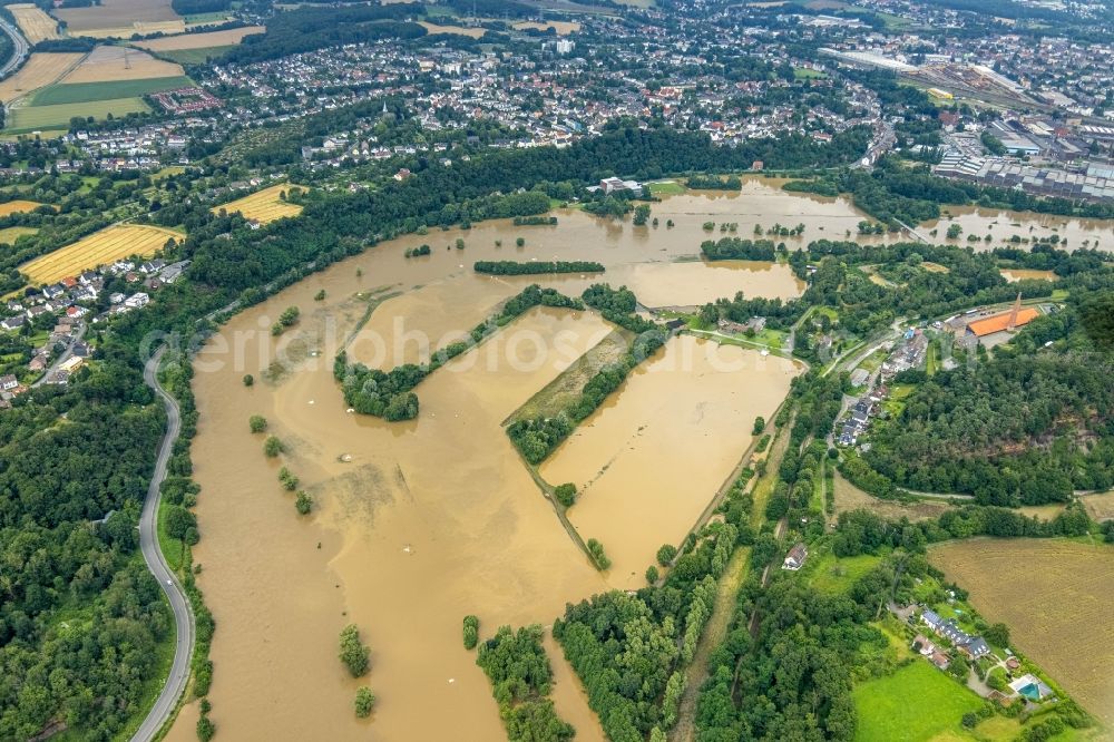 Aerial image Witten - Flood situation and flooding, all-rousing and infrastructure-destroying masses of brown water at the water extraction system of the Wasserwerke Westfalen GmbH on Muttentalstrasse in Witten at Ruhrgebiet in the state North Rhine-Westphalia, Germany