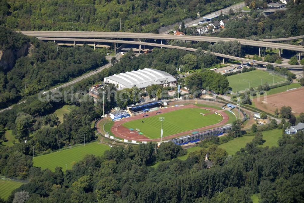 Aerial image Koblenz - Stadion Oberwerth in Koblenz. Das 1936 erbaute Stadion ist Spielstätte des Koblenzer Fußballvereins TuS. Es wurde 2006 renoviert. Kontakt: TuS Koblenz 1911 e.V., Altlöhrtor 13-15, 56068 Koblenz, Tel.: +49 (0) 261/20 17 70-0, Fax: +49 (0) 261 /20 17 70-90, E-Mail: post@tuskoblenz.de,