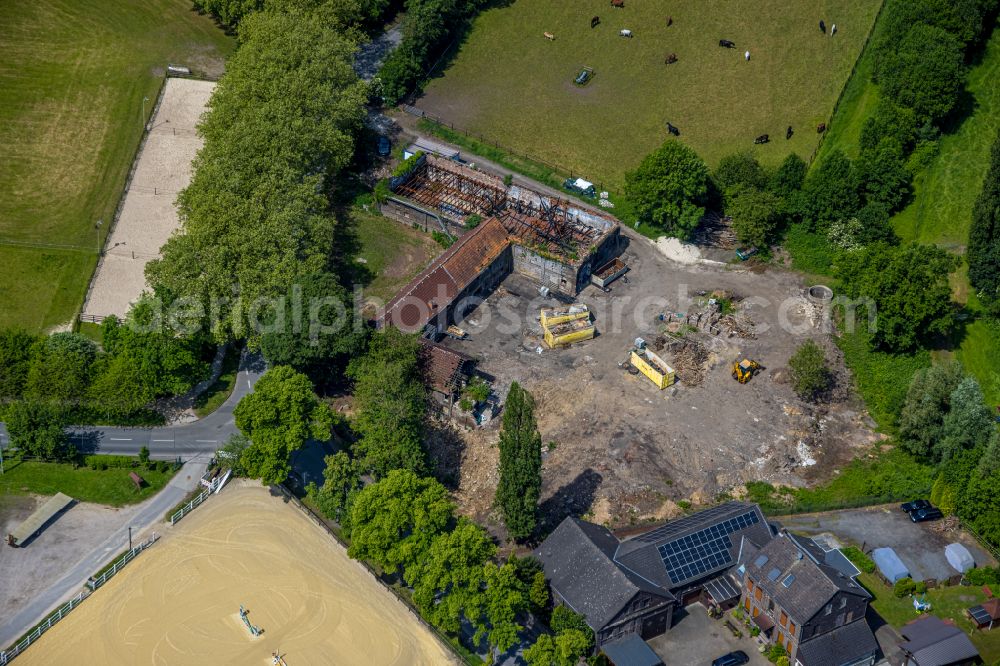 Dortmund from the bird's eye view: Ruins of Hof Schulte-Somborn, a farmstead and farm outbuilding with fire and fire damage on Somborner Strasse in the district of Somborn in Dortmund in the Ruhr area in the federal state of North Rhine-Westphalia, Germany