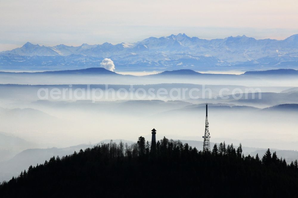 Schopfheim from above - View over the Black Forest with panoramic mountain High Moehr up to the mountain massif of the Swiss Jura, in Schopfheim in Baden-Wuerttemberg