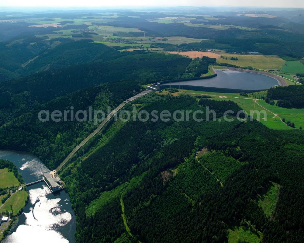 Hohenwarte from the bird's eye view: View of the Hohenwarte reservoir and the Hohenwarte Dam in Hohenwarte in the district Saalfeld-Rudolstadt, in Thuringia, Germany. Operator is the Vattenfall Europe AG