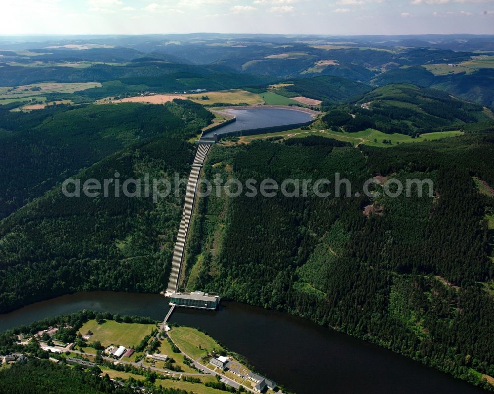 Aerial image Hohenwarte - View of the Hohenwarte reservoir and the Hohenwarte Dam in Hohenwarte in the district Saalfeld-Rudolstadt, in Thuringia, Germany. Operator is the Vattenfall Europe AG