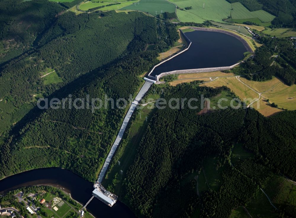 Aerial image Hohenwarte - View of the Hohenwarte reservoir and the Hohenwarte Dam in Hohenwarte in the district Saalfeld-Rudolstadt, in Thuringia, Germany. Operator is the Vattenfall Europe AG