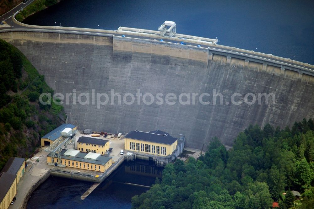 Aerial photograph Hohenwarte - View of the Hohenwarte reservoir and the Hohenwarte Dam in Hohenwarte in the district Saalfeld-Rudolstadt, in Thuringia, Germany. Operator is the Vattenfall Europe AG