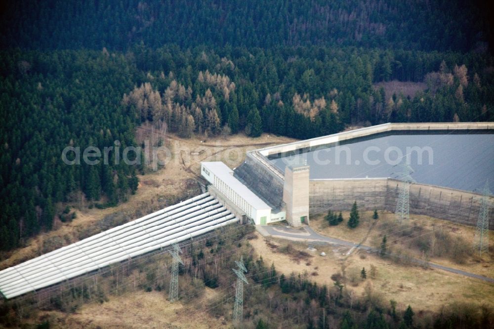 Hohenwarte from above - View of the Hohenwarte reservoir and the Hohenwarte Dam in Hohenwarte in the district Saalfeld-Rudolstadt, in Thuringia, Germany. Operator is the Vattenfall Europe AG