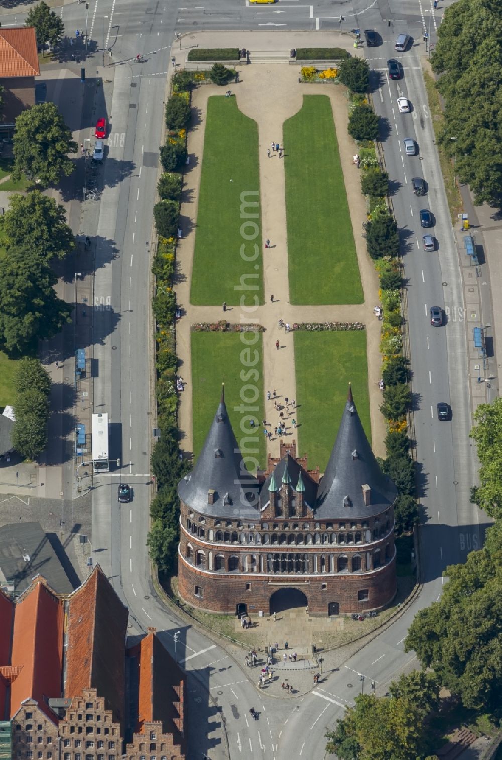 Lübeck from the bird's eye view: Holsten Gate in the city center of the old town - center of Lübeck in Schleswig-Holstein