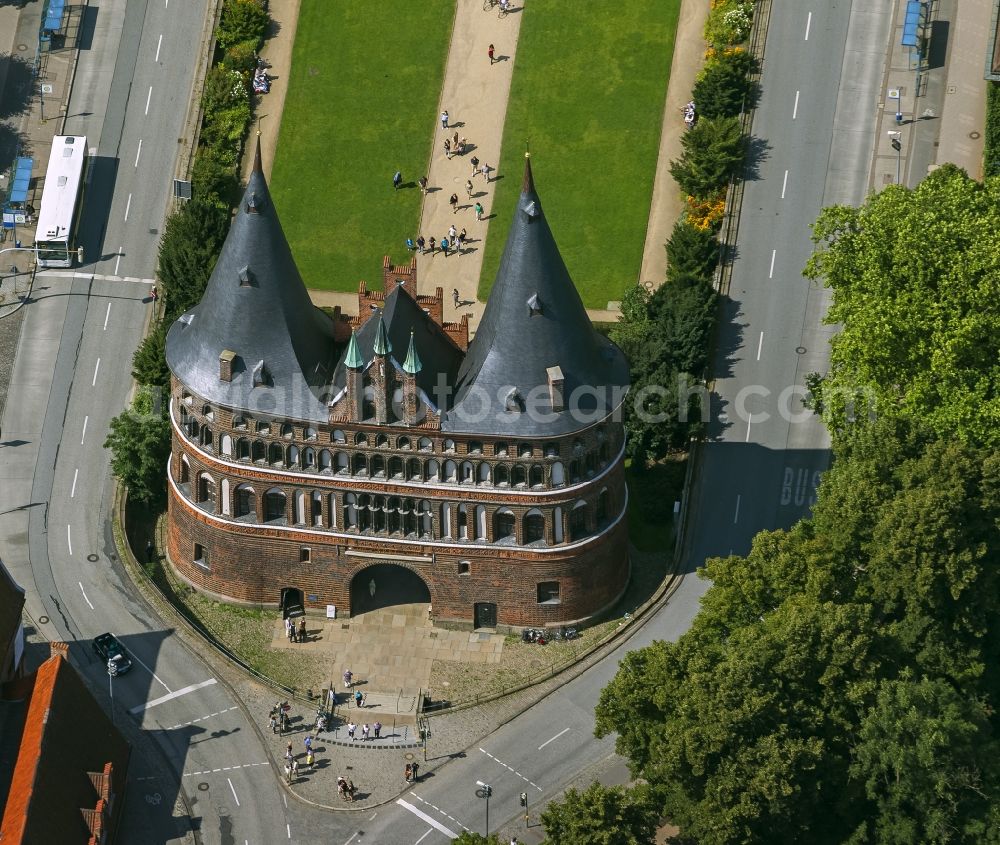 Aerial image Lübeck - Holsten Gate in the city center of the old town - center of Lübeck in Schleswig-Holstein