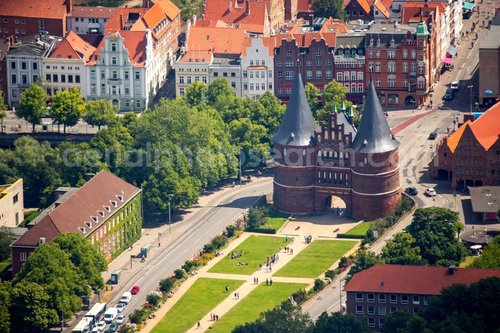 Aerial image Lübeck - Holsten Gate in the city center of the old town - center of Luebeck in Schleswig-Holstein