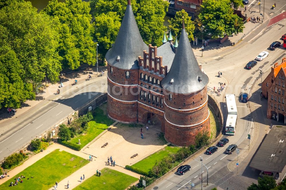 Lübeck from above - Holsten Gate in the city center of the old town - center of Luebeck in Schleswig-Holstein