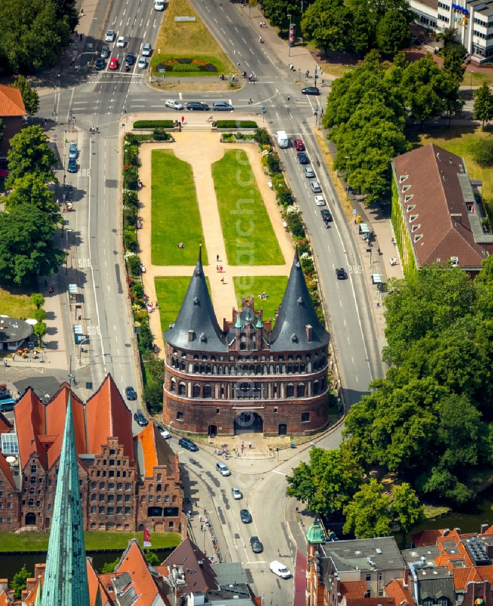 Aerial image Lübeck - Holsten Gate in the city center of the old town - center of Luebeck in Schleswig-Holstein