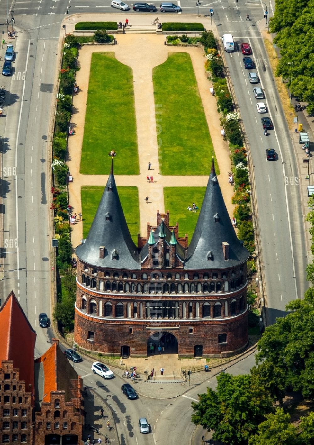 Lübeck from above - Holsten Gate in the city center of the old town - center of Luebeck in Schleswig-Holstein