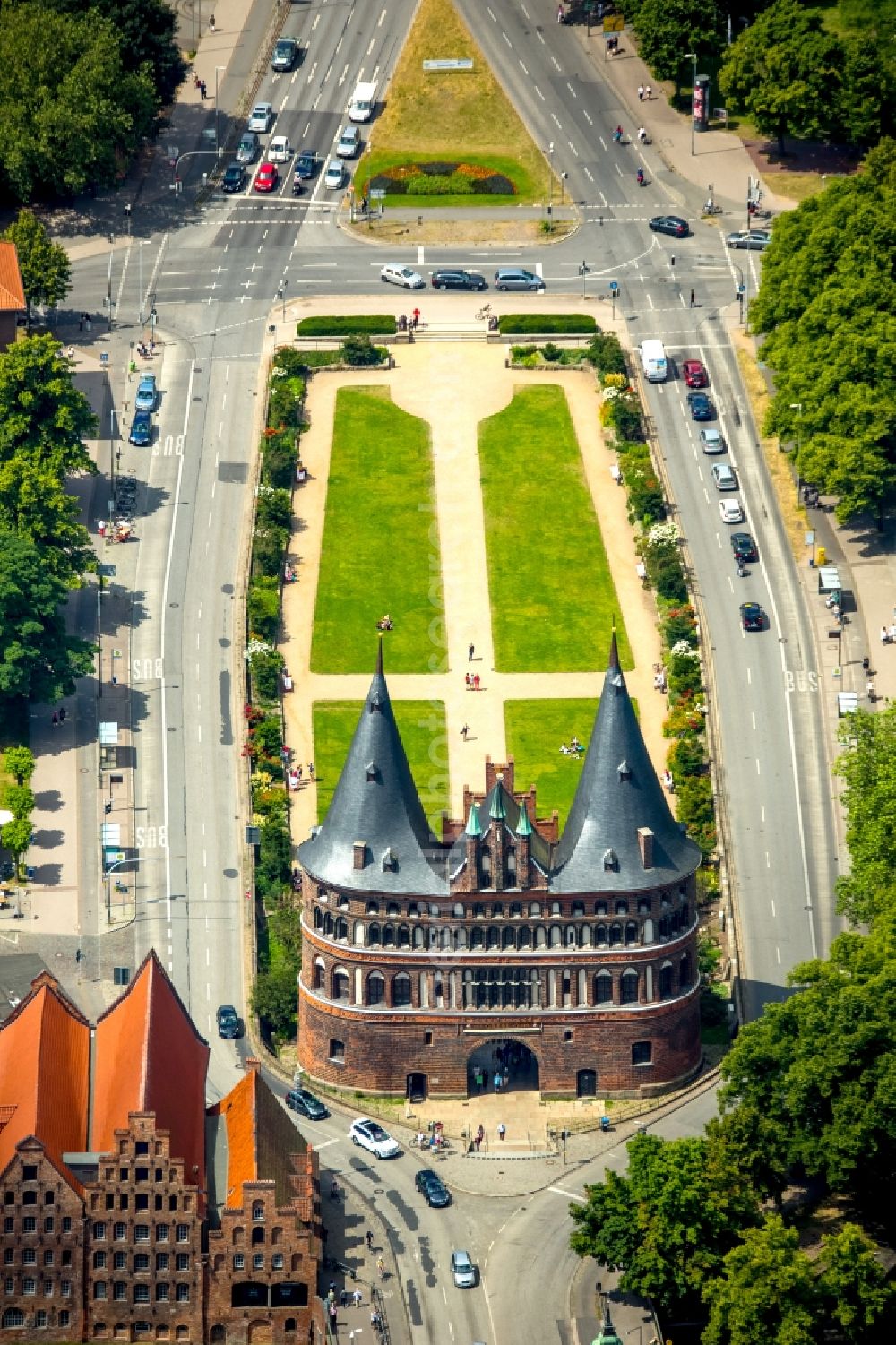 Lübeck from the bird's eye view: Holsten Gate in the city center of the old town - center of Luebeck in Schleswig-Holstein