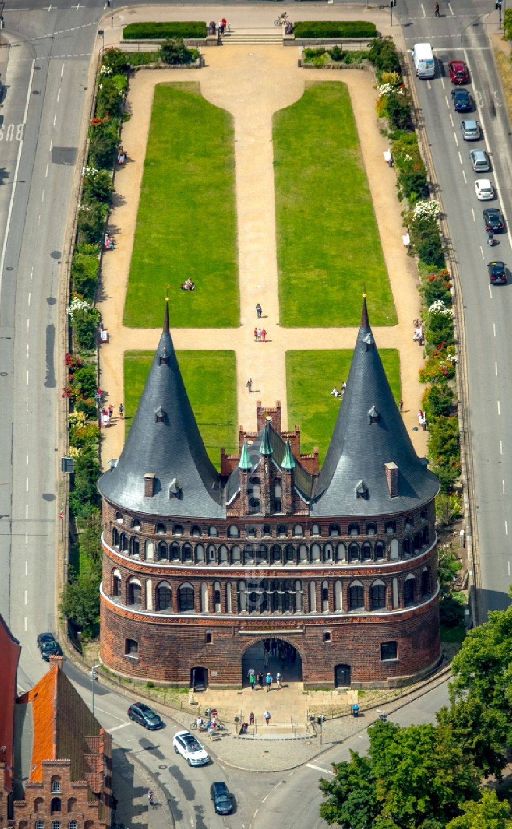 Aerial image Lübeck - Holsten Gate in the city center of the old town - center of Luebeck in Schleswig-Holstein