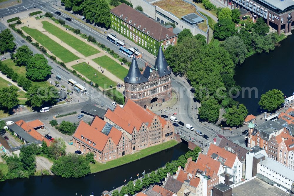 Lübeck from above - Holsten Gate in the city center of the old town - center of Luebeck in Schleswig-Holstein