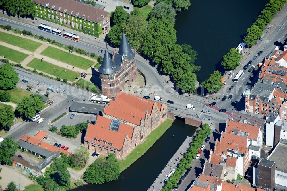 Lübeck from the bird's eye view: Holsten Gate in the city center of the old town - center of Luebeck in Schleswig-Holstein