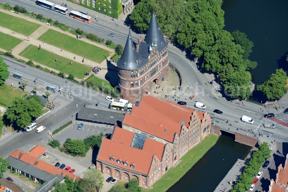 Aerial image Lübeck - Holsten Gate in the city center of the old town - center of Luebeck in Schleswig-Holstein