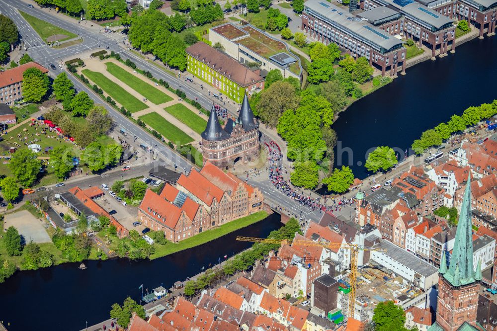 Aerial image Lübeck - Holsten Gate in the city center of the old town - center of Luebeck in Schleswig-Holstein