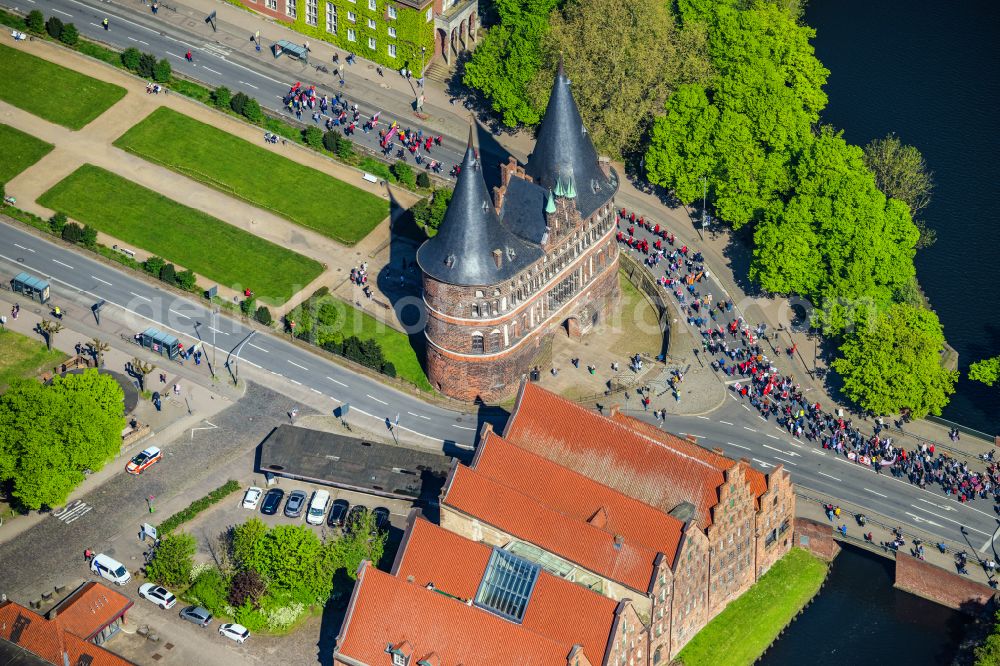 Lübeck from above - Holsten Gate in the city center of the old town - center of Luebeck in Schleswig-Holstein