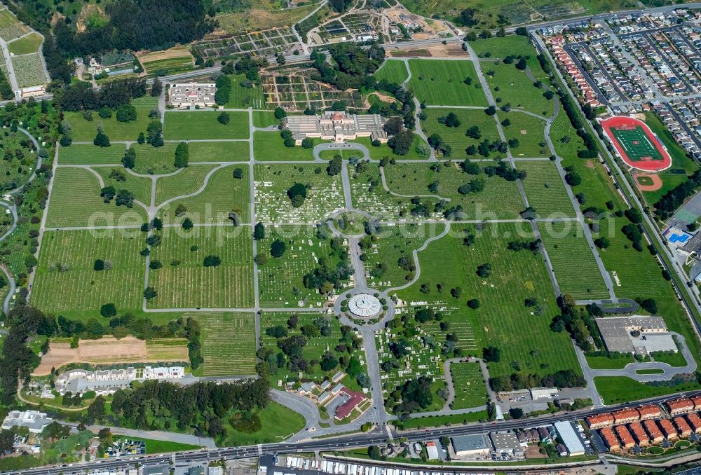 Aerial photograph Colma - Grave rows on the grounds of Holy Cross Cemetery in Colma in California, USA