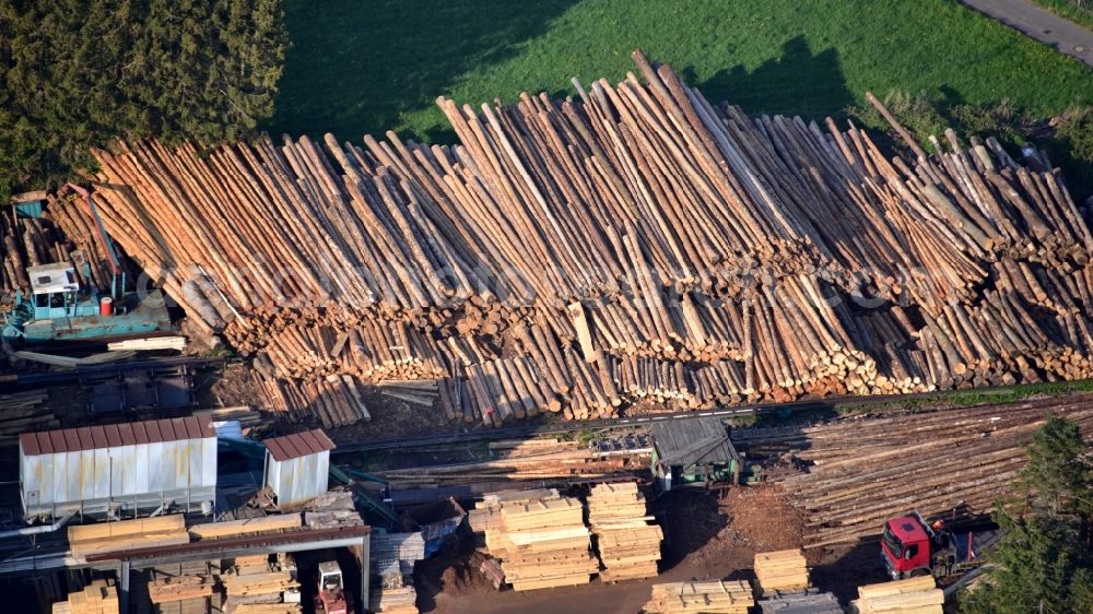 Wachtberg from above - Wood storage in a sawmill in the state North Rhine-Westphalia, Germany