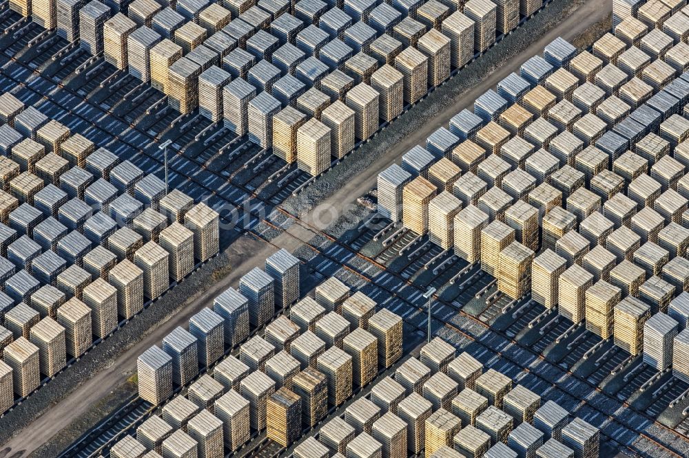 Aerial image Schwandorf - Tree view of stacks of wood with railroad ties in emerging plant in Schwandorf in Bavaria