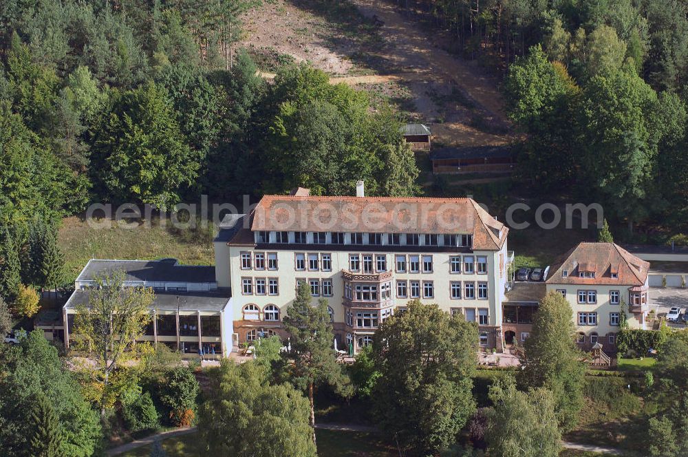 Aerial photograph Lohr am Main - Blick auf das Hotel Franziskushöhe in Lohr am Main Bayern. Das Gebäude besteht seit ca. 100 Jahren und wurde 1901 als Sanatorium für Lungenkranke erbaut. Ende der 60er Jahre erwarben Franziskanerinnen das Gebäude und wandelte es in ein Familienerholungsheim um. Im Jahr 2001 fand der Verkauf an Hermann Joha statt, der im April 2005 das Hotel und Restaurant eröffnete. Kontakt: Franziskushöhe, Rupertshüttener Straße 70, 97816 Lohr am Main, Tel. +49(0)9352 604 0, Fax +49(0)9352 604 250, Email: info@franziskushoehe.de