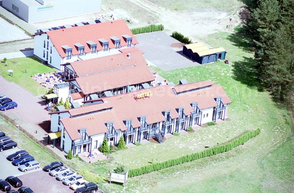 Burg/Sachsen-Anhalt from the bird's eye view: Hotel im Gewerbegebiet Burg-Süd in Sachsen-Anhalt. Hotel u. Restaurant Wittekind GmbH Im neuen Gewerbepark An den Krähenbergen 2 39288 Burg Tel.:0 39 21 / 92 39 - 0 Fax.:0 39 21 / 92 39 - 39