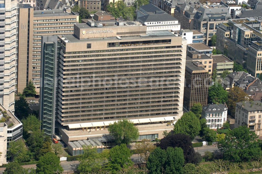 Aerial photograph Frankfurt am Main - Blick auf das Hotel InterContinental Frankfurt an der Wilhelm-Leuschner-Strasse 43 in 60329 Frankfurt am Main. View of the Hotel Inter Continental Frankfurt.