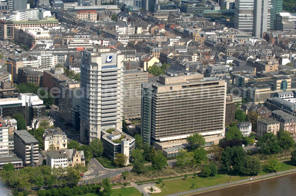 Frankfurt am Main from the bird's eye view: Blick auf das Hotel InterContinental Frankfurt an der Wilhelm-Leuschner-Strasse 43 in 60329 Frankfurt am Main. View of the Hotel Inter Continental Frankfurt.