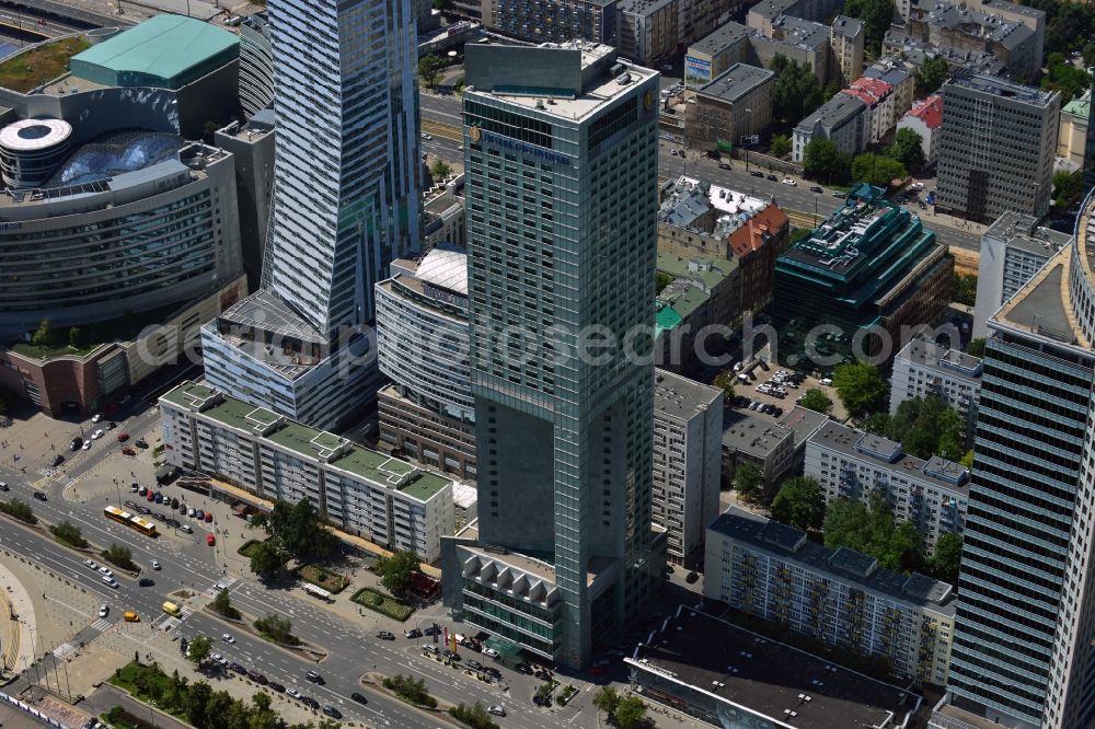 Warschau from above - Hotel InterContinental in downtown Warsaw in Poland. The five-star-hotel is a landmark of the city and the third-largest hotel in Europe. It was built under the construction company Porr AG from 2001 until 2003. It is 164 m high and covers 45 floors. Its most distinct feature is the gap in its lower floors which was constructed to guarantee sunlight for the smaller buildings behind it