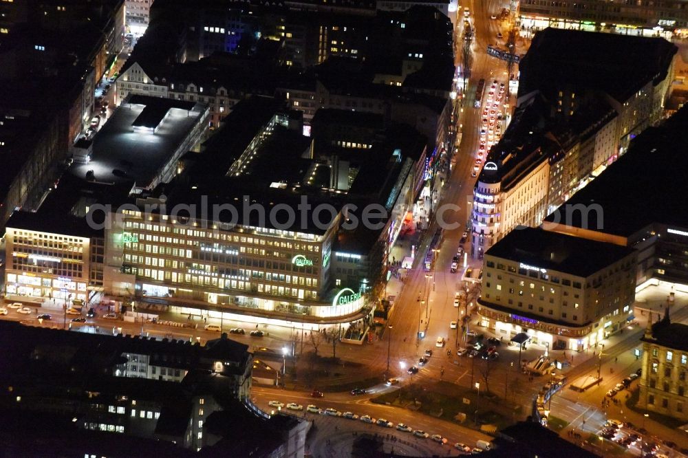 München from above - Night view Hotel Koenigshof and Galeria Kaufhof on space Ensemble Karlsplatz Stachus Bayerstrasse in inner city center in Munich in Bavaria