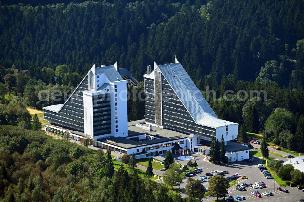 Oberhof from the bird's eye view: High-rise building of the hotel complex Ahorn Panorama in Oberhof in the state Thuringia, Germany