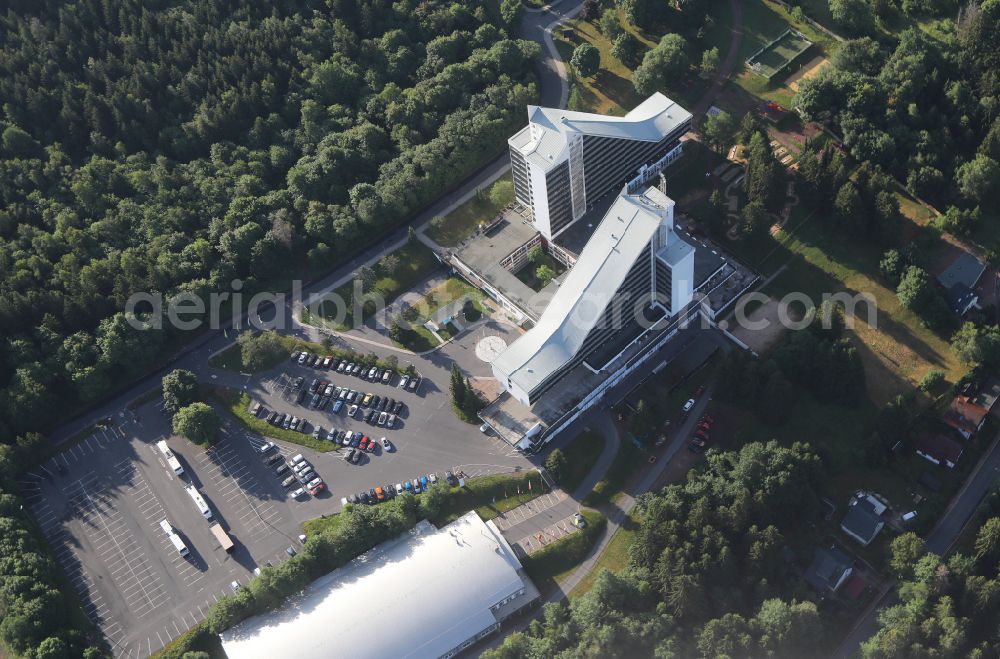 Oberhof from above - High-rise building of the hotel complex Ahorn Panorama in Oberhof in the state Thuringia, Germany