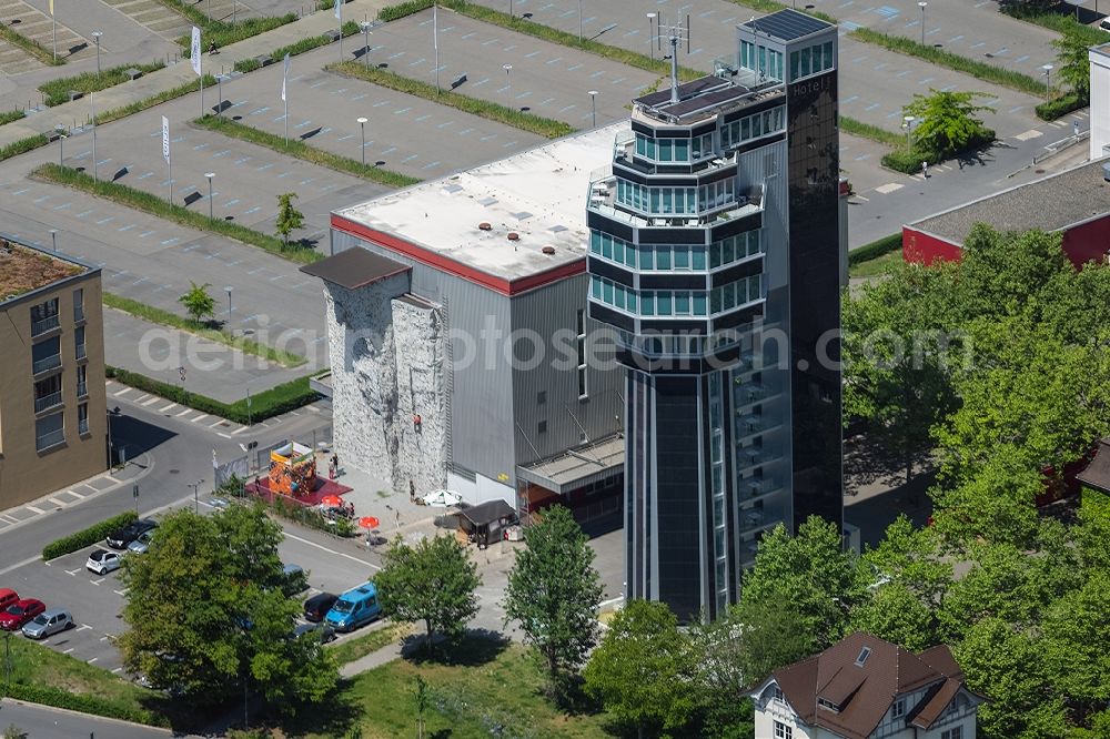 Aerial image Radolfzell am Bodensee - High-rise building of the hotel complex Aquaturm in Radolfzell am Bodensee in the state Baden-Wuerttemberg, Germany