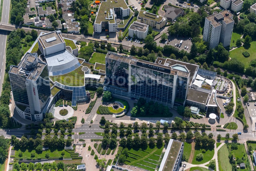 Stuttgart from above - High-rise building of the hotel complex DORMERO Hotel Stuttgart on street Plieninger Strasse in the district Sternhaeule in Stuttgart in the state Baden-Wuerttemberg, Germany