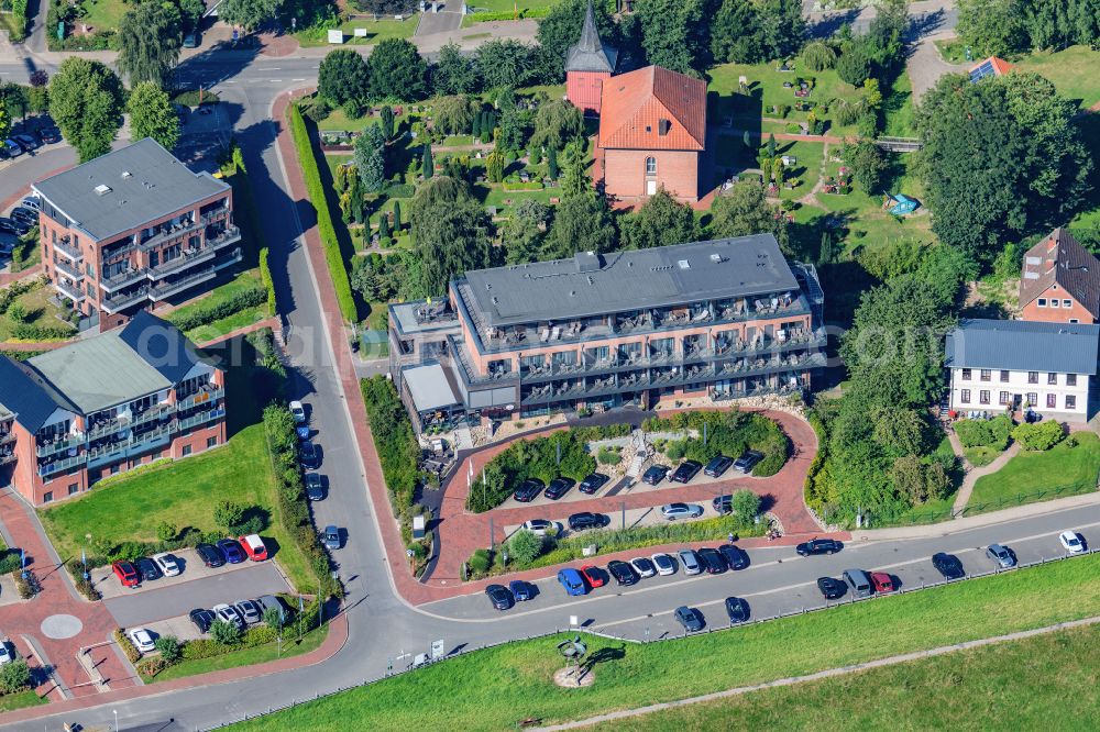 Drochtersen from above - Complex of the hotel building Elbstrand Resort Krautsand on street Elbstrasse in Krautsand in the state Lower Saxony, Germany