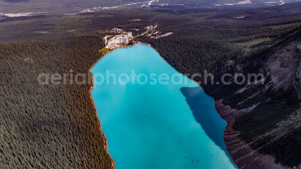 Aerial image Lake Louise - Complex of the hotel building Fairmont Chateau Lake Louise on street Lake Louise Drive in Lake Louise in Alberta, Canada