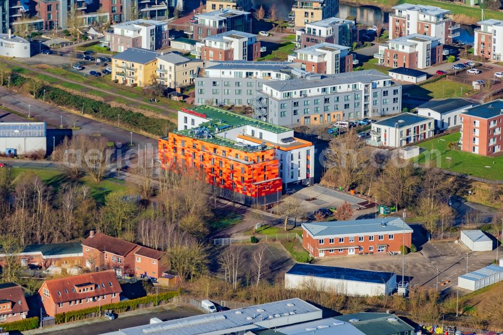 Stade from above - Complex of the hotel building Havenhostel in Stade in the state Lower Saxony, Germany