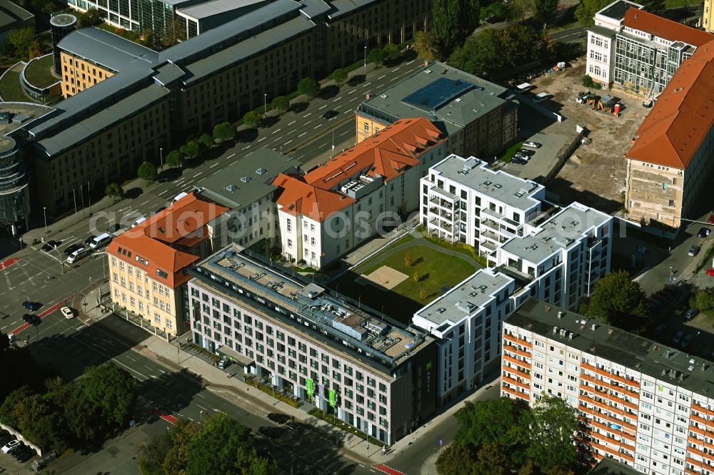 Magdeburg from the bird's eye view: Hotel complex Julius-Bremer-Strasse - Max-Otten-Strasse - Otto-von-Guericke-Strasse in Magdeburg in the state Saxony-Anhalt, Germany